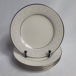 FOUR Noritake Trudy Bread & Butter Plates Ivory with Blue & White Scrolls 7087